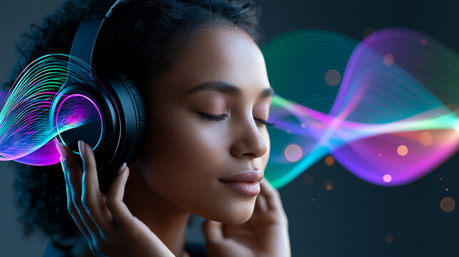 Young woman listening to headphones beneath a colorful digital sound-wave mesh, music streaming, immersive audio, digital entertainment, playlist promotion, audio technology,