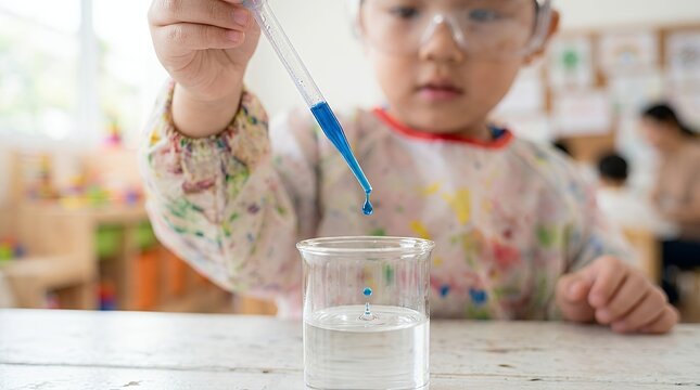 Young child wearing safety goggles performing a science experiment with a dropper and beaker.