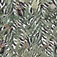 Naklejka premium Tropical vintage monkey, lemur animal, palm trees floral seamless pattern zebra background. Exotic jungle wallpaper.
