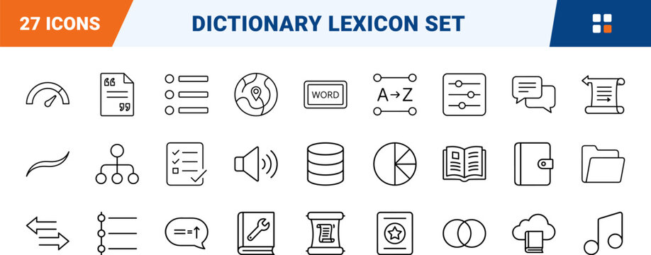 Reference dictionary line icon set. Vector pictograms of lexicon, thesaurus, glossary, and vocabulary elements, thin linear illustration.