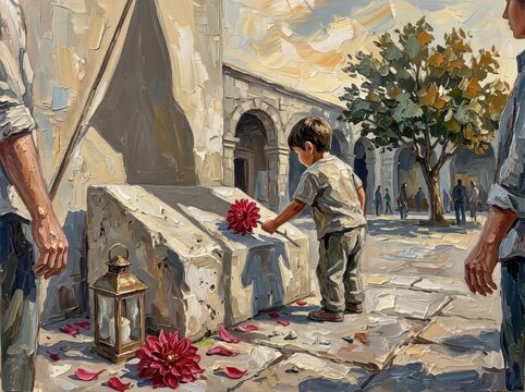 Boy placing flowers at a monument in a cultural courtyard during a celebration