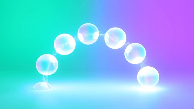 Translucent glowing spheres rearrange into an electric arch over a colorful gradient