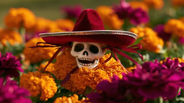 Marigolds and a skull with a sombrero decorate a grave during the Day of the Dead celebration