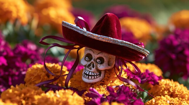 Marigolds and a skull with a sombrero decorate a grave during the Day of the Dead celebration