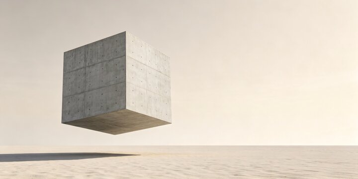 Floating concrete cube over sandy desert