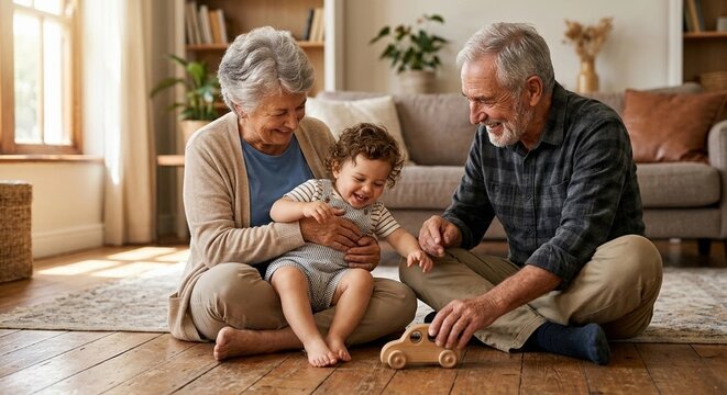 Happy grandparents playing with wooden toy car with their cute grandson on living room floor