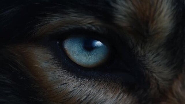 Blueeyed cat staring in extreme closeup against dark brown and black fur