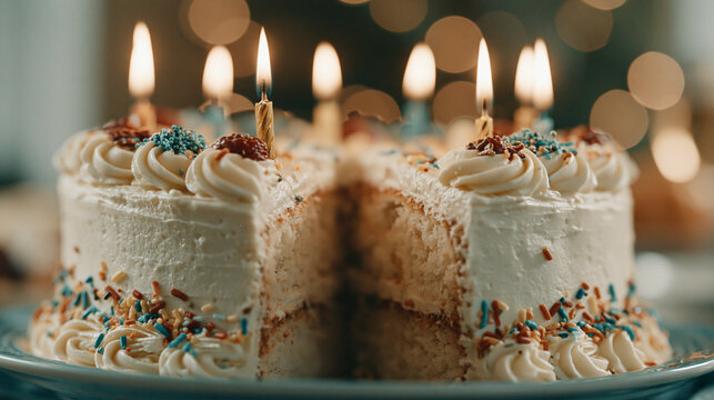 Layered birthday cake with white frosting colorful sprinkles lit candles
