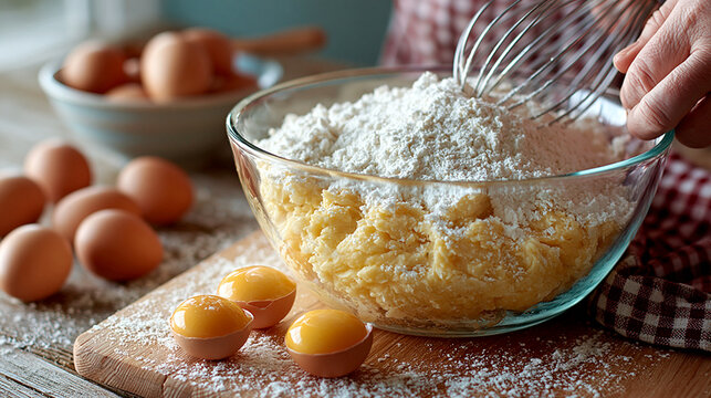 Whisking flour and eggs in a glass mixing bowl on a wooden board