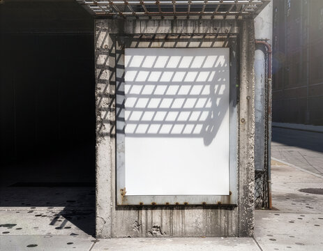 Blank urban sidewalk billboard mockup template with metal frame shadows