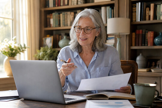 Experienced Senior Female Consultant Reviewing Business Documents during a Video Call from an Elegant Home Study with Warm Bookshelves