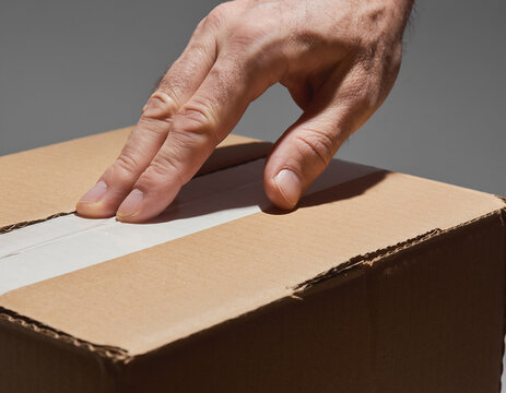 Kraft cardboard box packaging mockup with hand applying tape