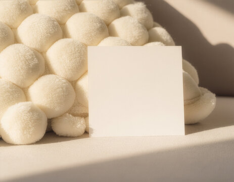 Blank white card mockup template beside cream ball cushion