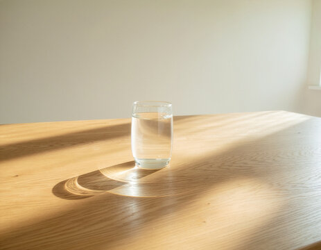 Glass of water background template on wooden oak table with sunlight