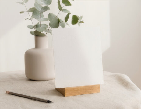 Invitation card mockup template with vase and eucalyptus in soft light