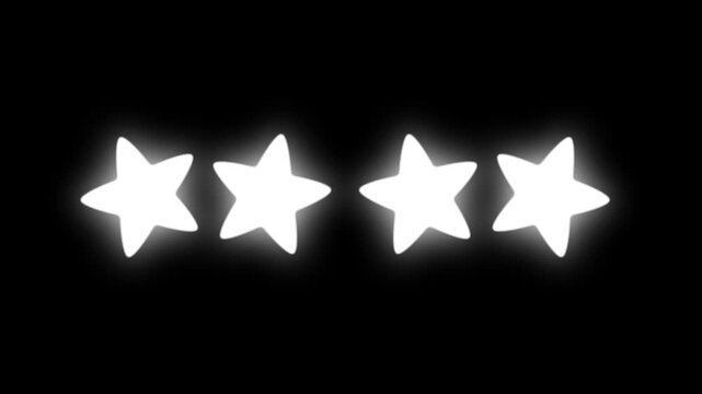 Animated four star review rating with white glowing stars on black background, customer satisfaction feedback concept, product service evaluation symbol, minimalist 4K motion graphics animation