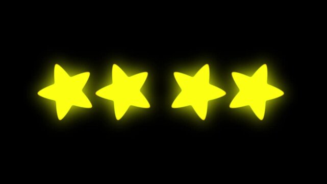 Animated four star review rating with white glowing stars on black background, customer satisfaction feedback concept, product service evaluation symbol, minimalist 4K motion graphics animation