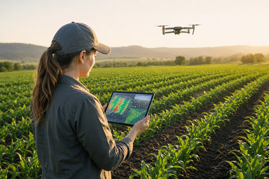 Agronomist Using Drone Imagery and Artificial Intelligence Crop Analytics to Monitor Plant Health and Yield Forecasts across Agricultural Fields