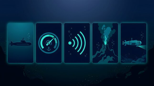 Submarine technology icon set, underwater exploration interface elements, deep sea sonar and submarine navigation graphics