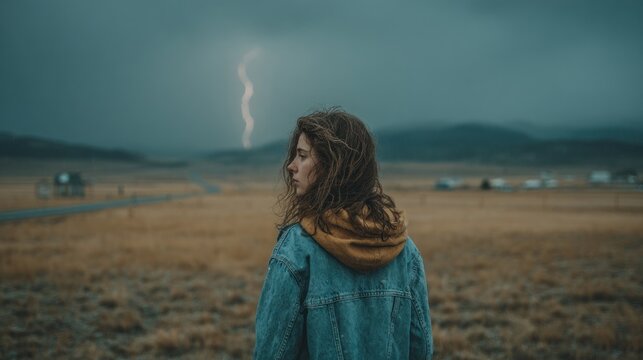 Woman in a denim jacket standing in a field with a lightning in the background