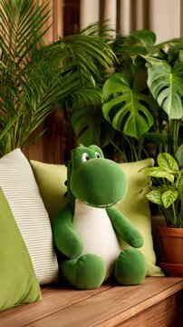 A plush green dinosaur sits on a wooden bench surrounded by lush green plants and cushions