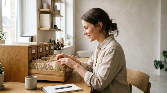 Candid woman searching through a vintage wooden card index in a minimalist studio