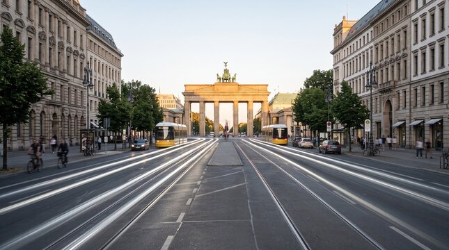 Brandenburg Gate with Tram Light Trails in Berlin Germany