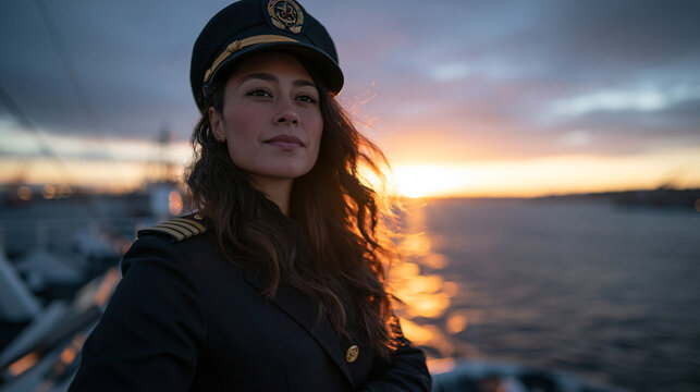 Confident Female Ship Captain Standing on Deck at Sunset