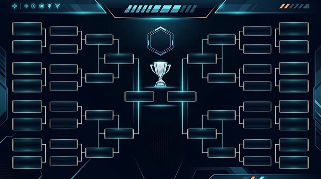 Futuristic tournament bracket template with trophy icon for esports and sports competition.