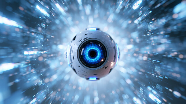 Futuristic AI Cybernetic Eye Scanning in Digital Data Tunnel