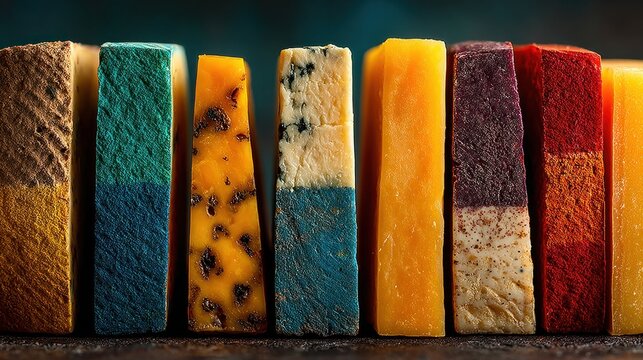 Assortment of colorful cheese sticks on a table food background