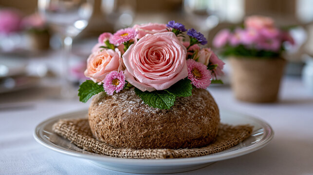 Fresh round loaf of bread decorated with pink roses on a plate
