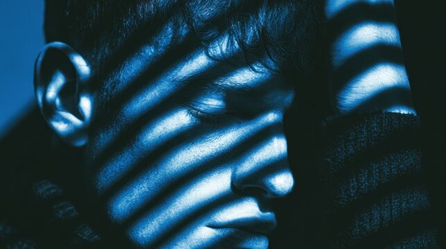 Man with his eyes closed and his head resting on a wall creative portrait