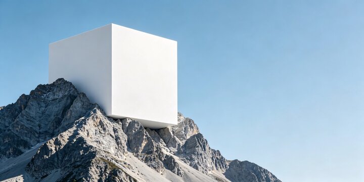 White cube perched atop rugged mountain peak