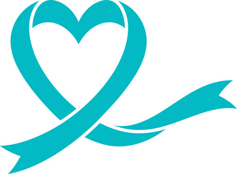 Teal Awareness Ribbon in Heart Shape Symbolizing Support for Ovarian Cancer and Sexual Assault Awareness