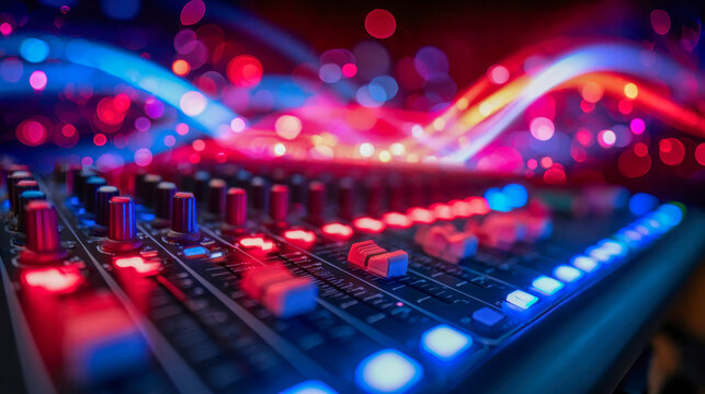 Professional audio mixing console with illuminated faders and controls, surrounded by colorful neon lights in a modern sound production setting