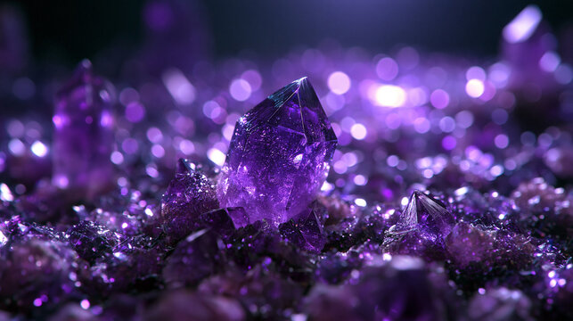 Glowing Purple Amethyst Crystal Cluster with Bokeh Lights