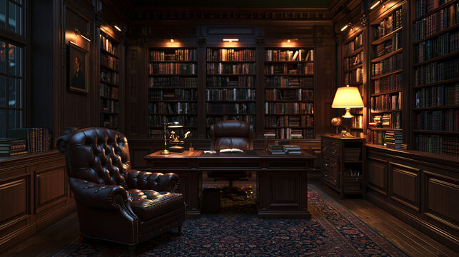 Luxurious Classic Study Room with Bookshelves and Leather Chair