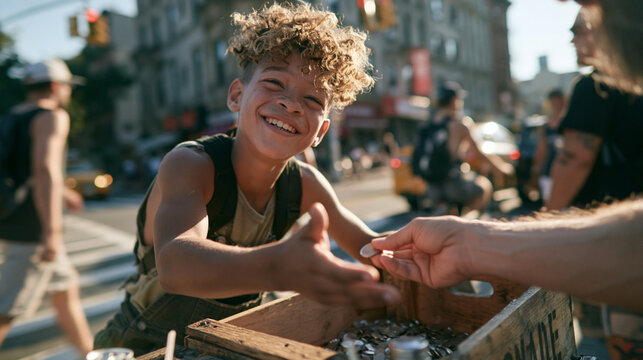 Happy Young Boy Receiving Money at Street Stand