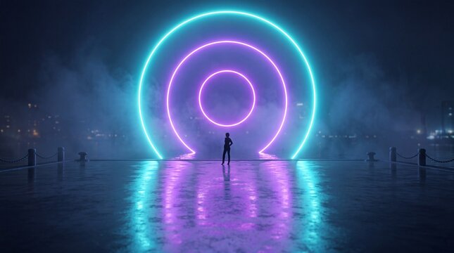 Silhouette Woman Standing in Front of Futuristic Neon Portal