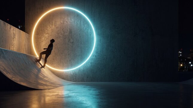 Skateboarder on Ramp in Front of Glowing Neon Ring