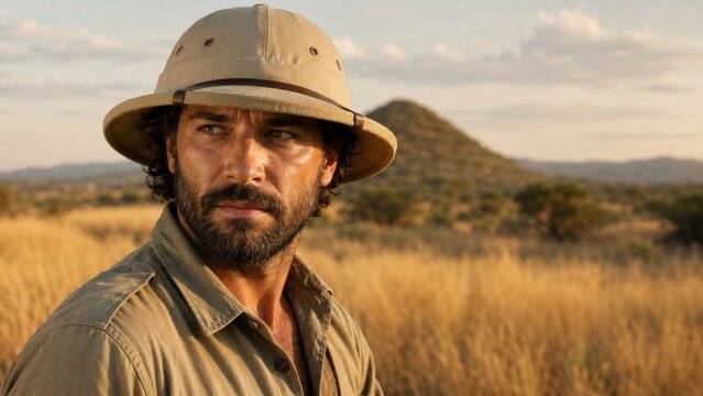 Man in pith helmet safari holding a folded map at a field camp detail with soft daylight clear sharp