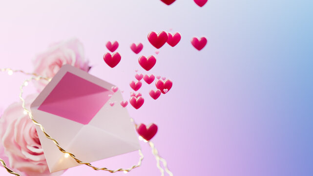 3D rendering open love letter envelope with flying hearts and rose for Valentine's Day banner, wedding invitation, and romantic marketing