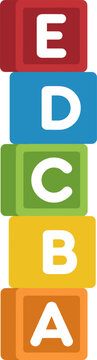 Vertical Stack of Five Colorful Alphabet Toy Blocks from A to E for Early Childhood Education