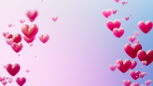Wide banner framed with floating red hearts on pastel gradient for Valentine's Day sale discount, wedding greeting card, mother day or cosmetic brand promotion. 3d rendering