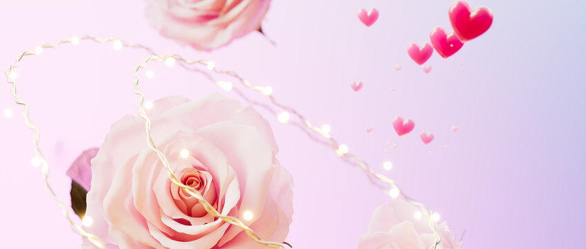 Romantic banner with blooming rose, golden fairy lights, and floating hearts for Valentine's Day and wedding promo. 3d rendering