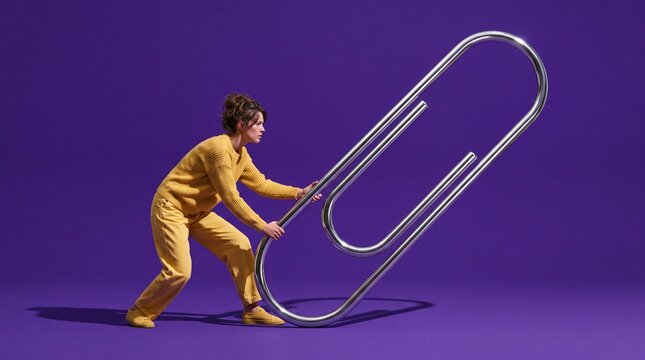 Woman Struggling to Push Giant Paperclip in Studio