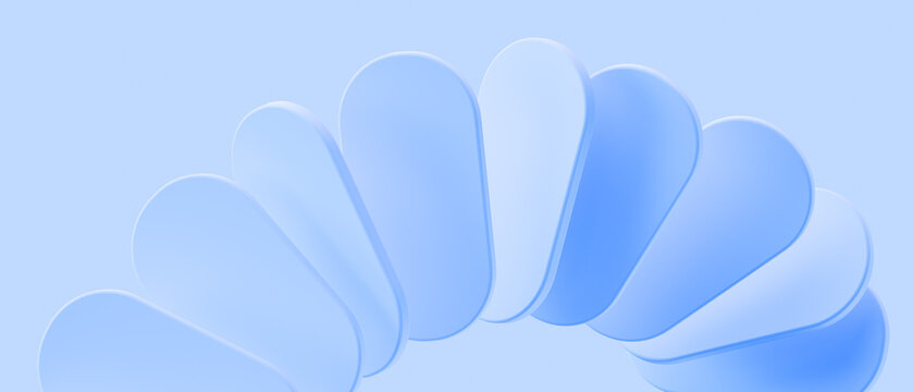 Soft overlapping blue translucent curved layers 3d rendering geometric abstract minimal medical or tech background.