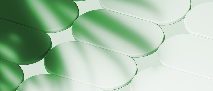 Modern green abstract banner with oval tile pattern for cosmetic branding, eco technology website header, and wellness or medical product design. 3d rendering