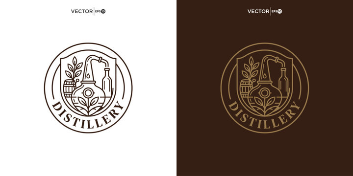 Vintage distillery logo design with traditional brewing equipment
